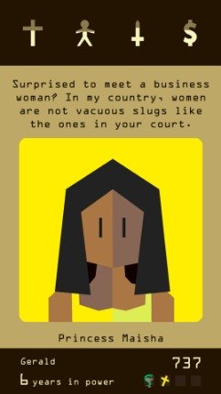 Reigns character card with dialogue