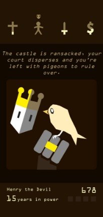 Reigns card showing the four kingdom meters