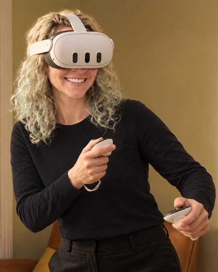 April Petrie wearing a VR headset, holding the controllers